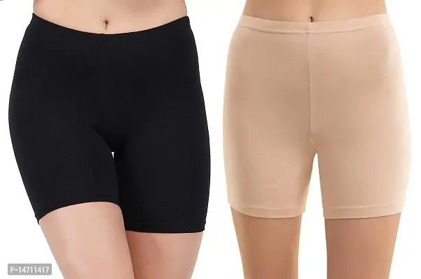 ATIMUNA Solid Girl?s 4 Way Stretch Lycra Spandex High Waist Safety Pants Cycling Shorts Combo (Pack of 2) (S, Beige-Black)-thumb0