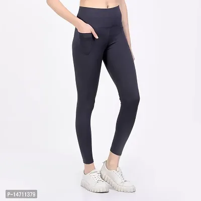 ATIMUNA Women Stretchable Front Leggings with Side Pocket Full-Length Yoga Pants (S, Navy Blue)-thumb4