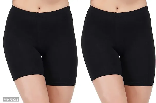 ATIMUNA Solid Girl?s 4 Way Stretch Lycra Spandex High Waist Safety Pants Cycling Shorts Combo (Pack of 2) (XL, Black-Black)-thumb0