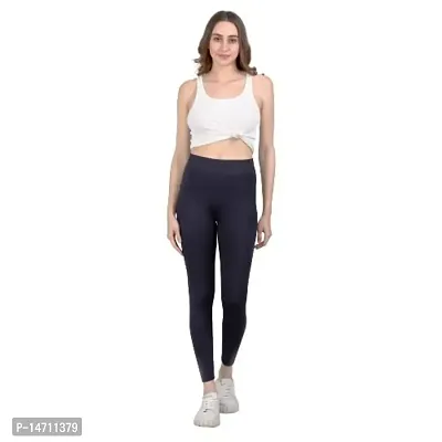 ATIMUNA Women Stretchable Front Leggings with Side Pocket Full-Length Yoga Pants (S, Navy Blue)-thumb0