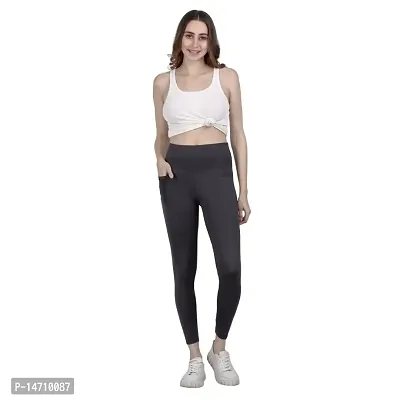 ATIMUNA Women Stretchable Front Leggings with Side Pocket Full-Length Yoga Pants (M, Grey)-thumb0