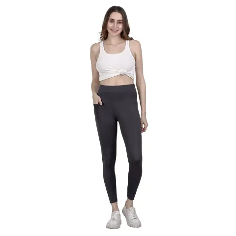 ATIMUNA Women Stretchable Front Leggings with Side Pocket Full-Length Yoga Pants (M, Grey)