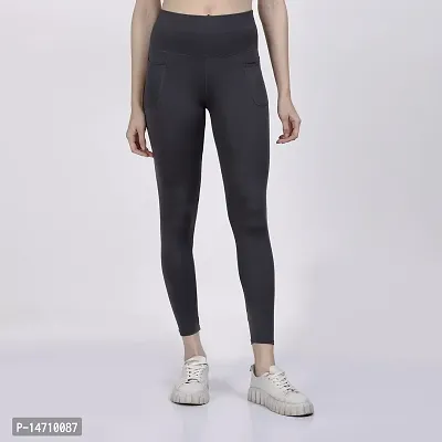 ATIMUNA Women Stretchable Front Leggings with Side Pocket Full-Length Yoga Pants (M, Grey)-thumb2