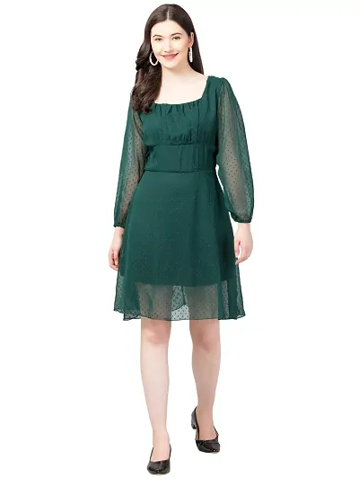 Elegant Solid Georgette Blend Fit and Flare Dress For Women