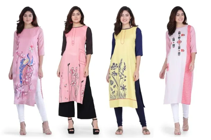 Multicoloured Crepe Printed Stitched Kurta || Combo of 4 ||