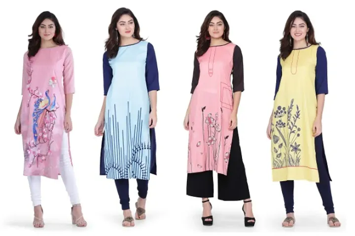 Multicoloured Crepe Printed Stitched Kurta || Combo of 4 ||