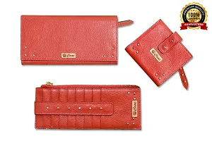 GATUDI ART CRAFT 3 Piece Clutch Wallet Card Holder Combo Pure Genuine Leather for Women Girls (Purple) (RED)-thumb1