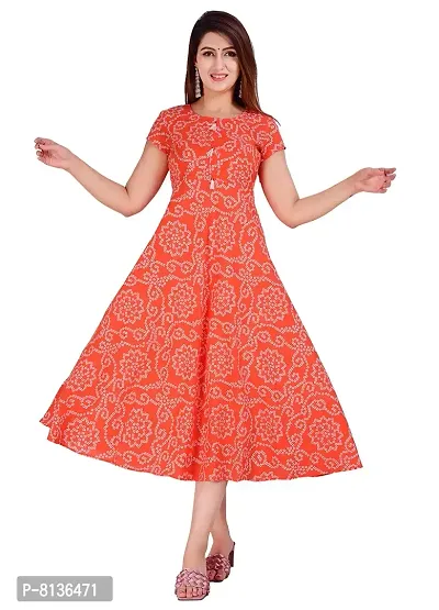 Aarti fashion Beautiful Rayon Fully Stitched Anarkali Printed Best Design Kurti for Women  Girls on Jeans Palazzo or Skirt (Orange Color)