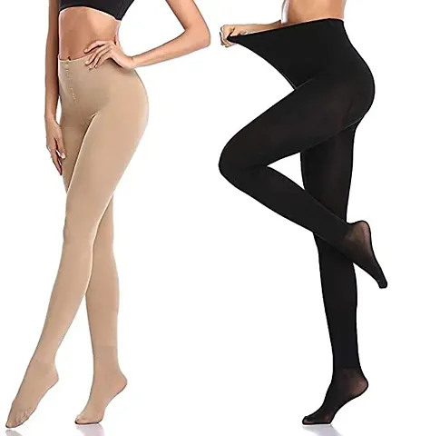 NanoEdge Full Legs Stockings for Women & Girls Thigh-High Stockings Free Size (28 Till 34) Pack of 2 (Black & Skin)