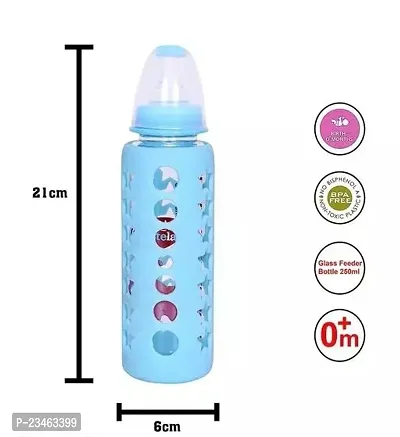 240ML Glass Milk Feeding Feeder Bottle For Newborn Baby, Kids. with Silicone Warmer Cover, Teat/Nipple.  First Feed Premium Glass Baby Feeding Nipple Milk Bottle with Anti Colic for New Born Babies-thumb0