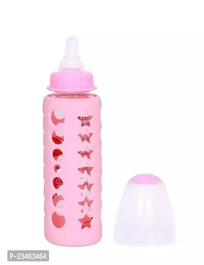 240ML Glass Milk Feeding Feeder Bottle For Newborn Baby, Kids. with Silicone Warmer Cover, Teat/Nipple.  First Feed Premium Glass Baby Feeding Nipple Milk Bottle with Anti Colic for New Born Babies |-thumb0