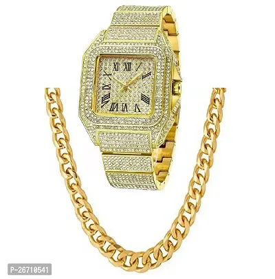 Combo New Designer Full Golden Diamond Analog Watch And Golden Chain For Men's (Analog Watch For Boys)