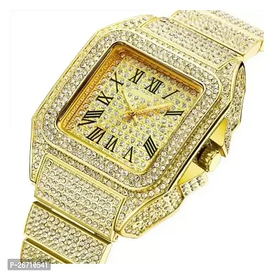 Combo New Designer Full Golden Diamond Analog Watch And Golden Chain For Men's (Analog Watch For Boys)-thumb3