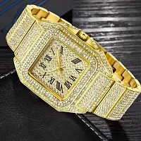 Combo New Designer Full Golden Diamond Analog Watch And Golden Chain For Men's (Analog Watch For Boys)-thumb3