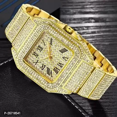 Combo New Designer Full Golden Diamond Analog Watch And Golden Chain For Men's (Analog Watch For Boys)-thumb4