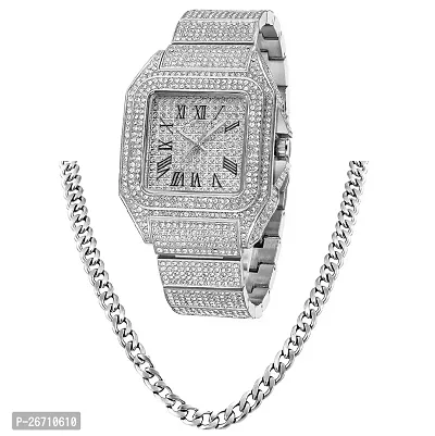 Silver Diamond Analog Watch  Silver Chain For Men's (Pack Of 2)