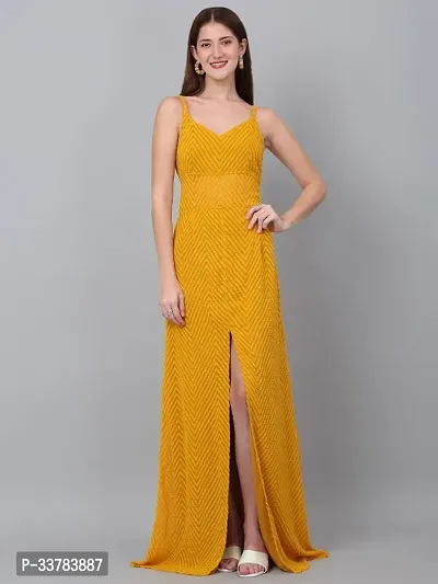 Women  Girls Printed Sleeveless Fit  Flare Mustard Casual Maxi Dress-thumb0