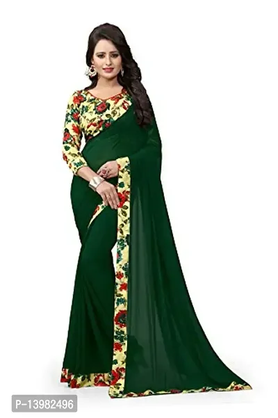 Oomph! Women?s Georgette Sarees with printed border (Forest Green_af1398)-thumb0