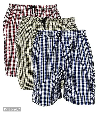 AAVUN Traders Men's Cotton Checkered Printed Boxers, Shorts / Blue, Red and Yellow (Pack of 3) (Colors  Print May Vary)(Large)