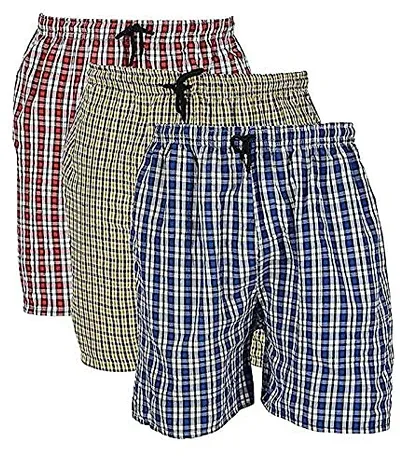 AAVUN Traders Men's Cotton Checkered Printed Boxers, Shorts/Blue, Red and Yellow (Pack of 3) (Colors & Print May Vary)