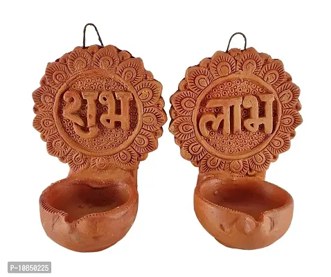 Shree Ganesh Enterprises Handmade 2 Piece Indian Home Decorative Wall Hanging Lamp - Clay Subh Labh Hanging Diya ? Diwali Decoration Diya ? Earthen Home D?cor Diya ? Hanging Mitti Diya-thumb0