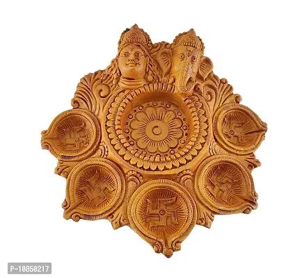 SHREE GANESH ENTERPRISES - Terracotta Diwali Decor Diya Plate ? Laxmi Ganesha Clay Hand Carved 6 Wick Diya Plate ? Religious Multi Wick Clay Diya ? Swastika Diya - Laxmi Puja Diya