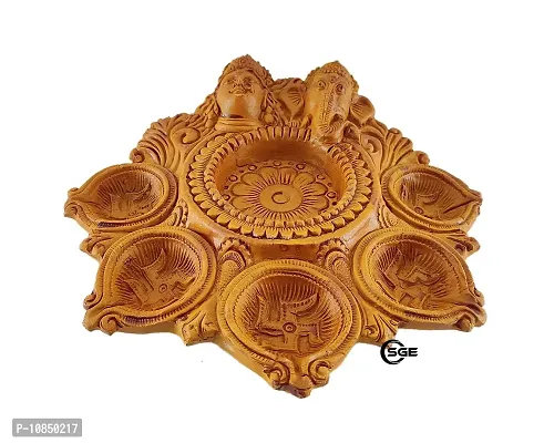 SHREE GANESH ENTERPRISES - Terracotta Diwali Decor Diya Plate ? Laxmi Ganesha Clay Hand Carved 6 Wick Diya Plate ? Religious Multi Wick Clay Diya ? Swastika Diya - Laxmi Puja Diya-thumb2