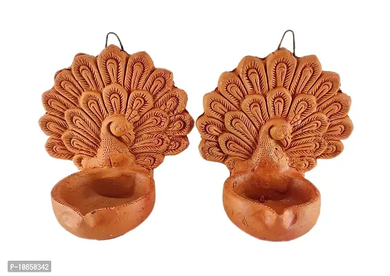 SHREE GANESH ENTERPRISES - Pair of Clay Dancing Peacock Figurative Wall Hanging Diya ? Traditional Home Entrance D?cor Wall Hanging Lighting Diya - Diwali Decoration Diya