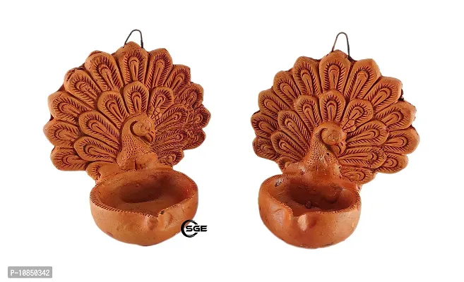 SHREE GANESH ENTERPRISES - Pair of Clay Dancing Peacock Figurative Wall Hanging Diya ? Traditional Home Entrance D?cor Wall Hanging Lighting Diya - Diwali Decoration Diya-thumb2