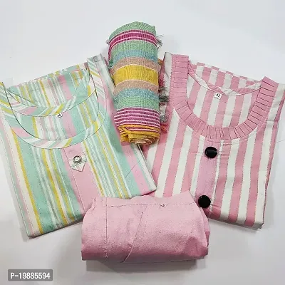 Multi Colour + lining frill design Women Cotton Kurtis Pant Dupatta Set-thumb0