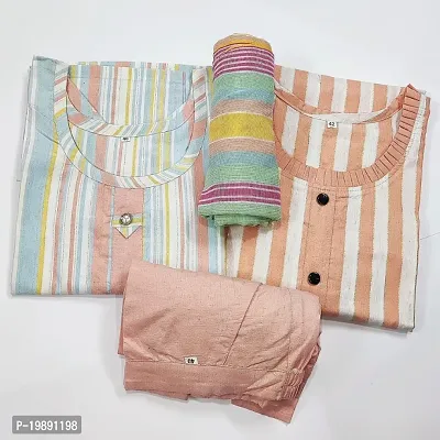 Multi Colour + lining frill design Women Cotton Kurtis Pant Dupatta Set