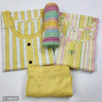 Multi Colour + lining frill design Women Cotton Kurtis Pant Dupatta Set
