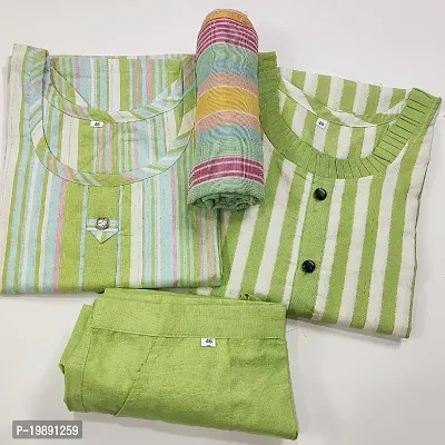 Multi Colour + lining frill design Women Cotton Kurtis Pant Dupatta Set-thumb0