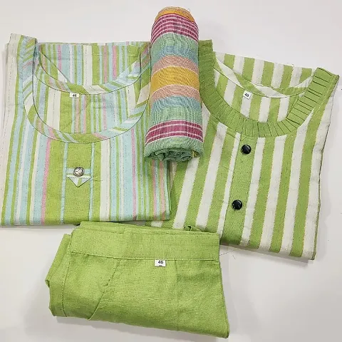 Stylish Multi Colour And Lining Frill Design Cotton Kurtis Pant Dupatta Set