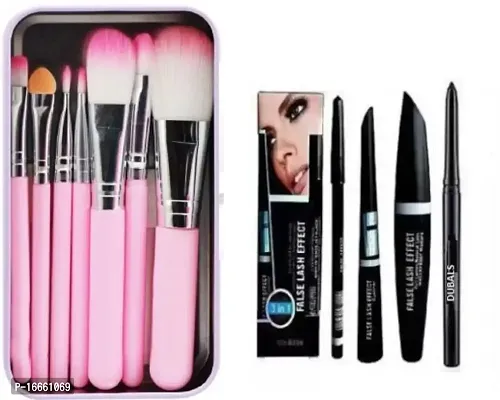 Nozti Hello Kitty mini Pink brush set  (Pack of 7)  New 3 in 1 Black Waterproof ( EYELINER , MASCARA , EYEBROW PENCIL) 25 g