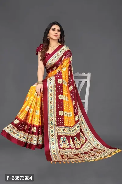 Women  poly slik printed saree with squnse les and Unstitched Blouse Piecee yellow maroon-thumb4