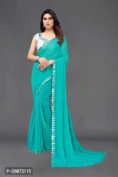 Women Georgette mirror border saree with  Unstitched Blouse Piecee sky blue