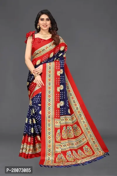 Women  poly slik printed saree with squnse les and Unstitched Blouse Piecee blue red-thumb0