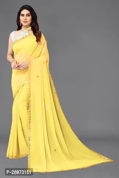 Women Georgette mirror border saree with  Unstitched Blouse Piecee Yellow
