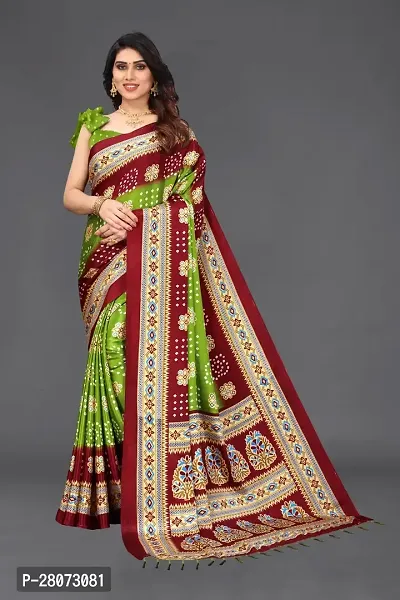 Women  poly slik printed saree with squnse les and Unstitched Blouse Piecee mahendi maroon-thumb0