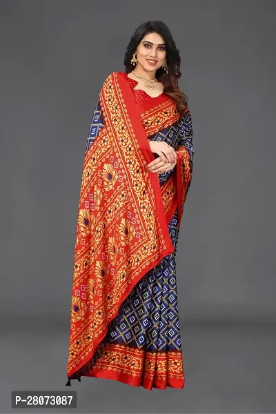 Women moss chiffon printed saree with  Unstitched Blouse Piecee navy blue red-thumb3