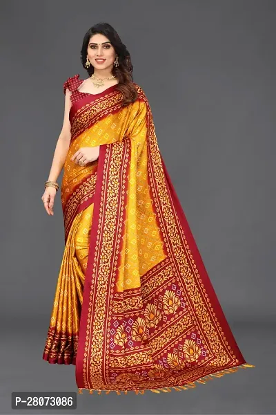 Women moss chiffon printed saree with  Unstitched Blouse Piecee yellow red-thumb0