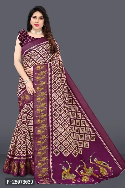 Women Geometric print Saree and cotton blend febric With Unstitched Blouse Piecee purple-thumb0