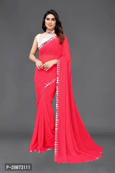 Women Georgette mirror border saree with  Unstitched Blouse Piecee pink