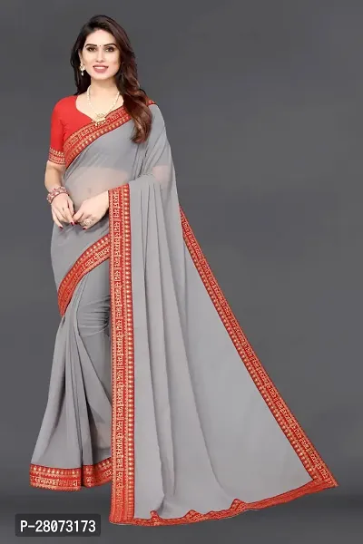 Women Grorgette plain saree with  Unstitched Blouse Piecee Grey-thumb0