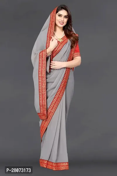 Women Grorgette plain saree with  Unstitched Blouse Piecee Grey-thumb5