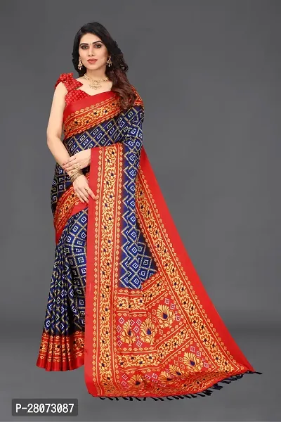 Women moss chiffon printed saree with  Unstitched Blouse Piecee navy blue red-thumb0