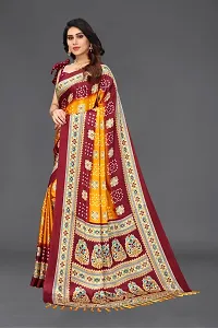 Women  poly slik printed saree with squnse les and Unstitched Blouse Piecee yellow maroon-thumb1