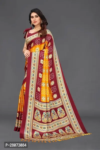 Women  poly slik printed saree with squnse les and Unstitched Blouse Piecee yellow maroon-thumb2