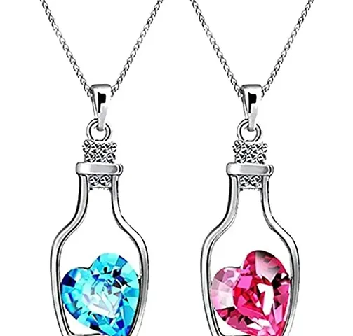 Stylish Rhodium Plated Combo of 2 Solitaire Pink and Blue Heart Bottle Pendant for Women and Girls